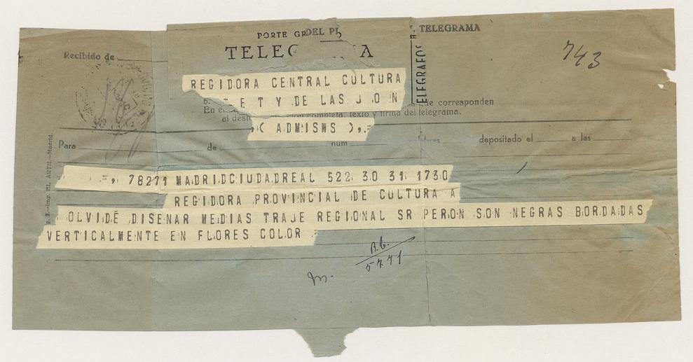 Telegrama de la Regidora Provincial de Cultura a la Regidora Central de Cultura con la descripción de las medias del traje regional femenino destinado a regalo para Eva Perón.