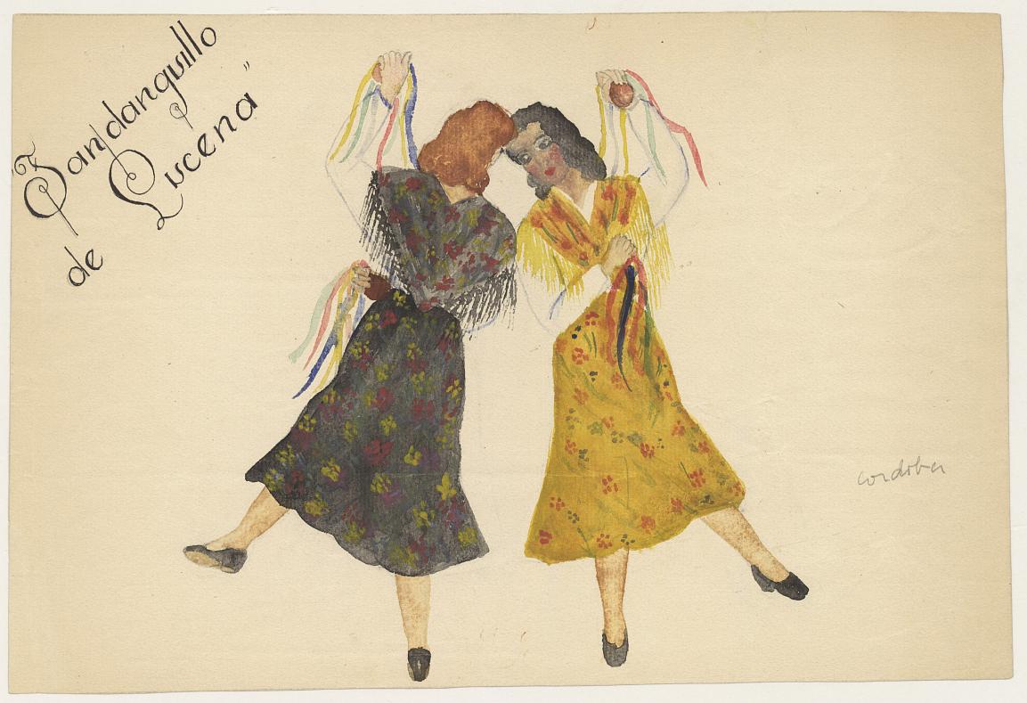 Dibujo de dos mujeres bailando vestidas con el traje típico de Lucena.