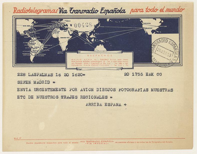 Radiotelegrama solicitando información sobre los trajes regionales de Canarias.