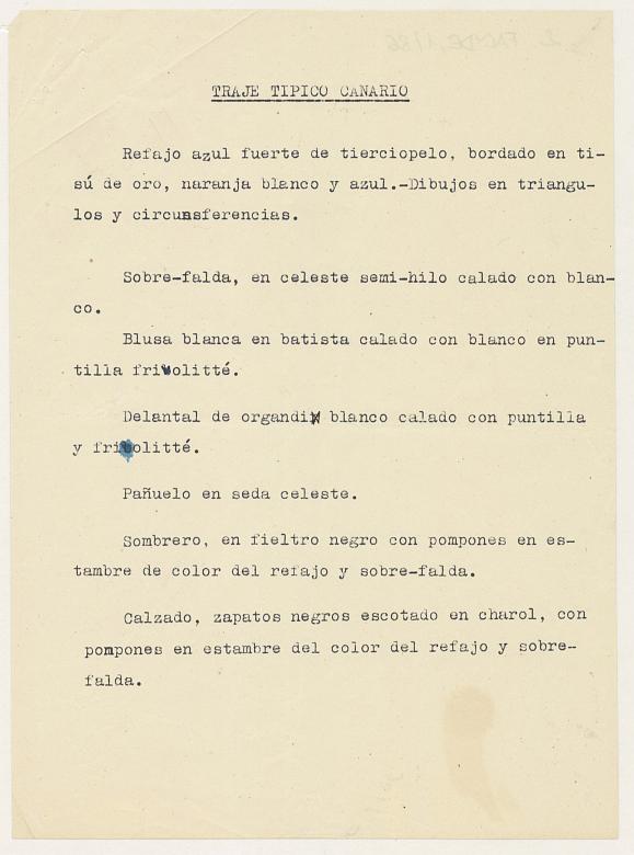 Carta de Blanca Naranjo, delegada provincial de la Sección Femenina en Las Palmas, a la Regidora Central de Cultura adjuntando el informe y descripción del diseño del traje regional canario destinado a regalo para Eva Perón.