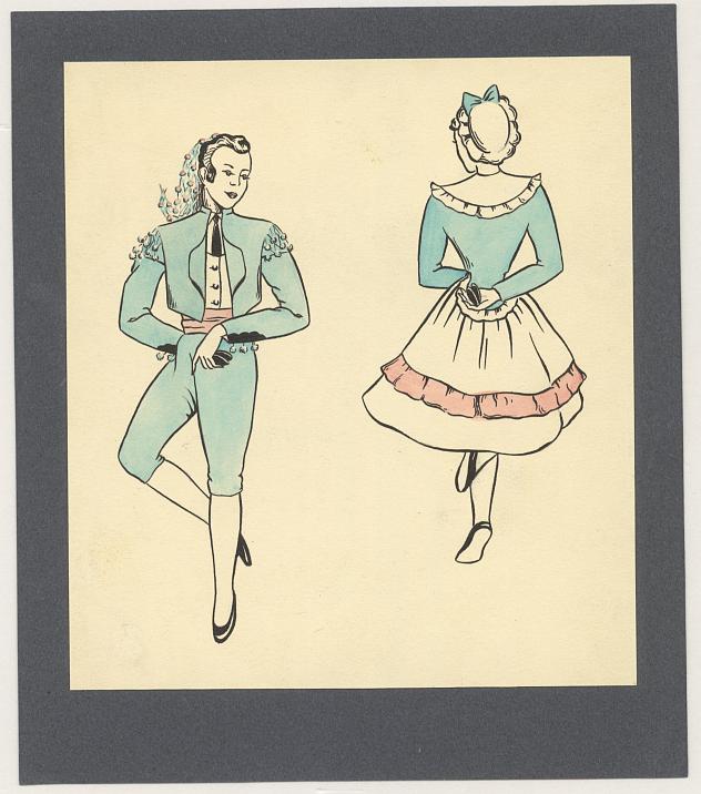 Dibujos de una pareja bailando, vestida con los trajes típicos regionales.