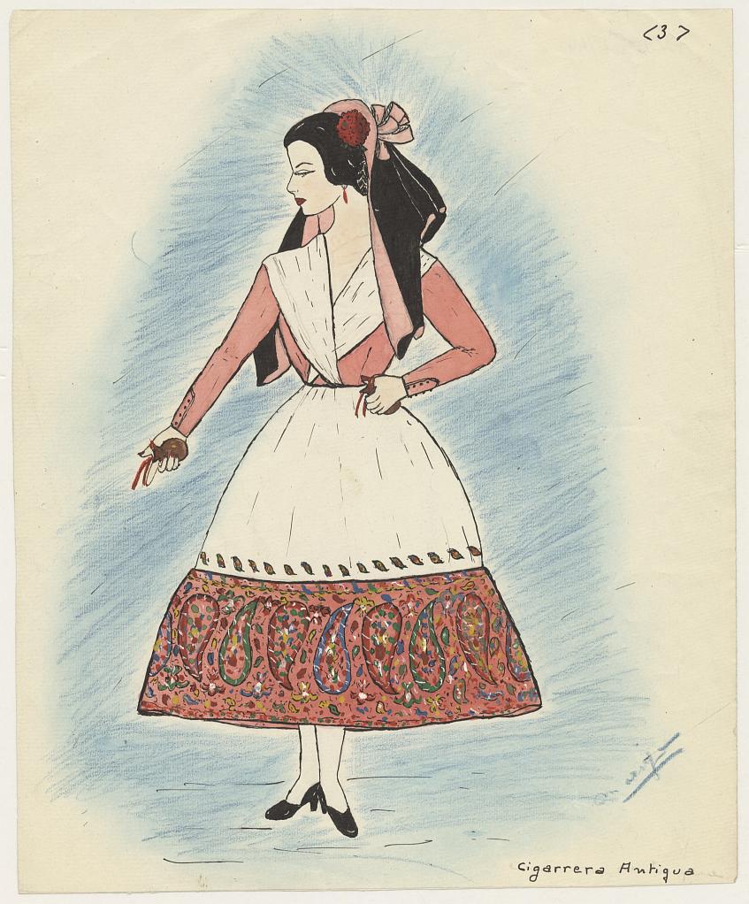 Dibujo a color de mujer vestida con traje típico de Sevilla conocido como traje de cigarrera antigua.