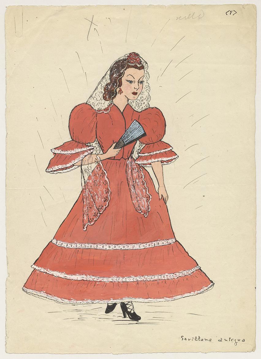 Dibujo a color de mujer vestida con traje típico de Sevilla conocido como traje de sevillana antigua.