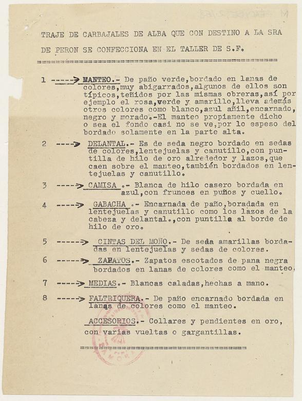 Informe sobre el traje típico regional de Carbajales de Alba que, con destino a la señora Eva Perón, se confecciona en el taller de la Sección Femenina.
