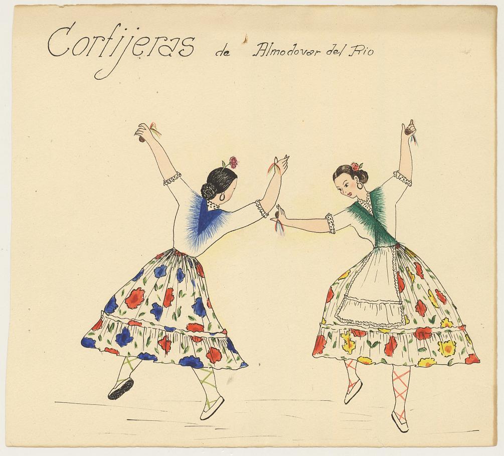 Dibujo de dos mujeres bailando vestidas con el traje típico cortijero de Almodóvar del Río.