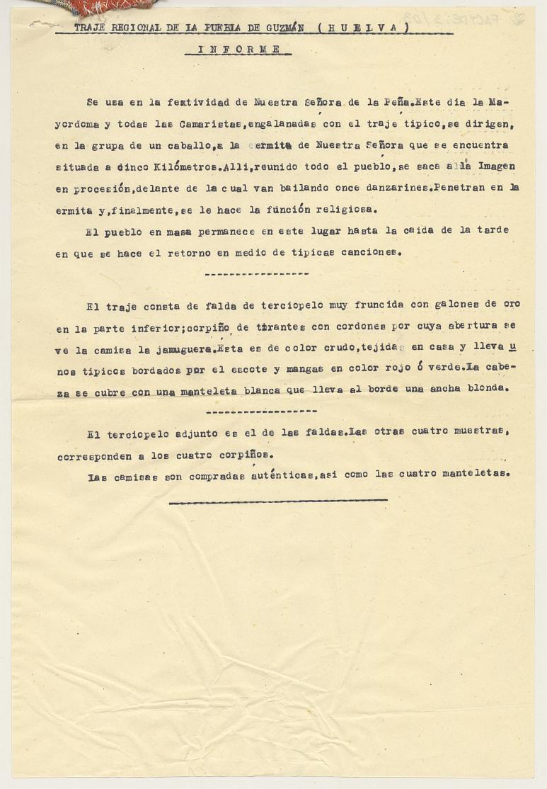 Carta de la Regidora Provincial de Cultura y de la Delegada Provincial de la Sección Femenina en Huelva a la Regidora Central de Cultura sobre el traje típico de Puebla de Guzmán.