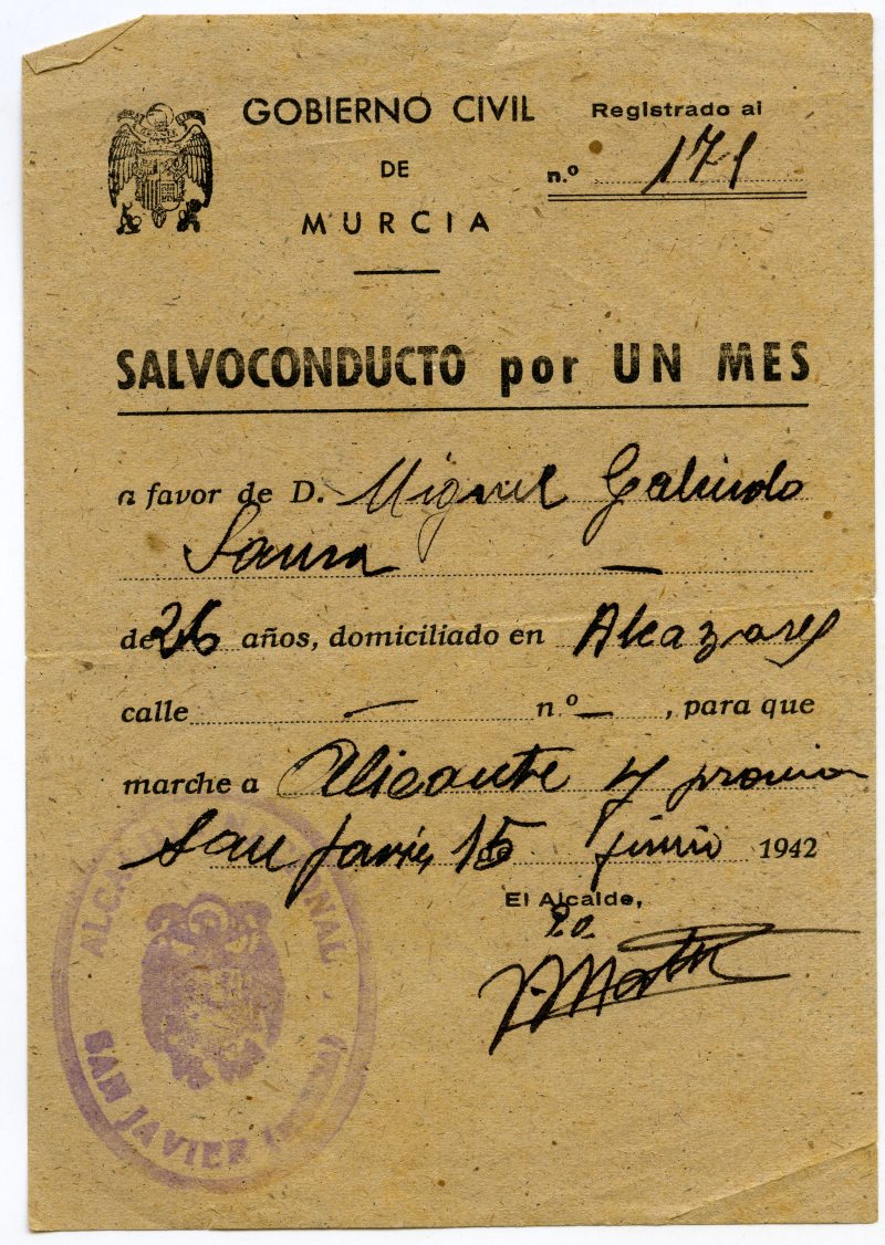 Salvoconducto para el desplazamiento de Miguel Galindo desde su residencia en Los Alcázares a Alicante y provincia.