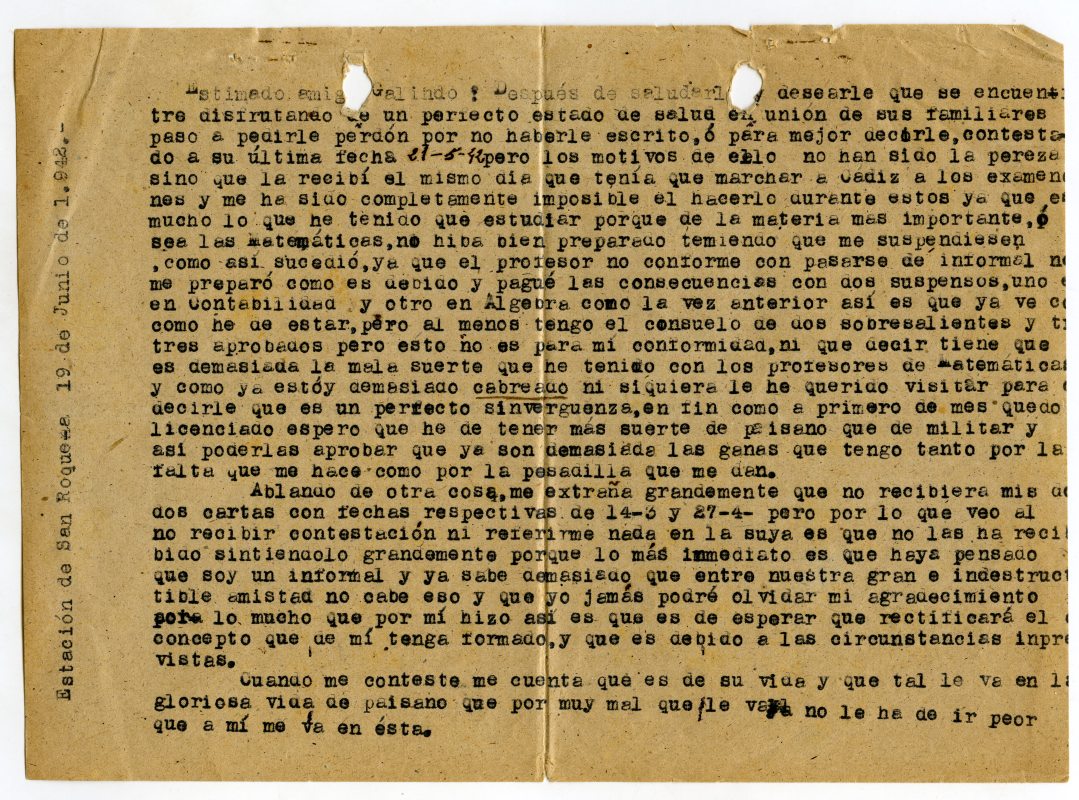 Carta de J. Belmonte Ruiz desde la Estación de San Roque (Cádiz) dirigida a Miguel Galindo, comentando sobre sus exámenes y recordando su amistad.