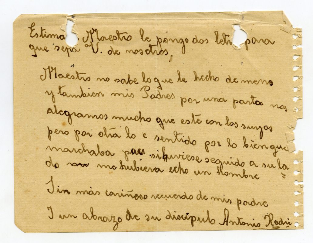 Carta de Antonio Rodri[guez], hijo del comandante del Batallón Disciplinario de San Roque (Cádiz) y alumno de Miguel Galindo durante su estancia en él.