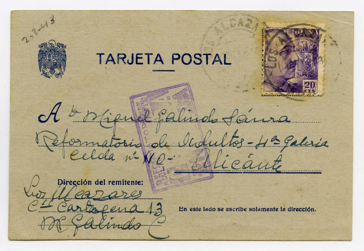 Tarjeta postal de Miguel Galindo Campillo y María Saura a su hijo Miguel, preso en la Prisión Reformatorio de Adultos de Alicante.