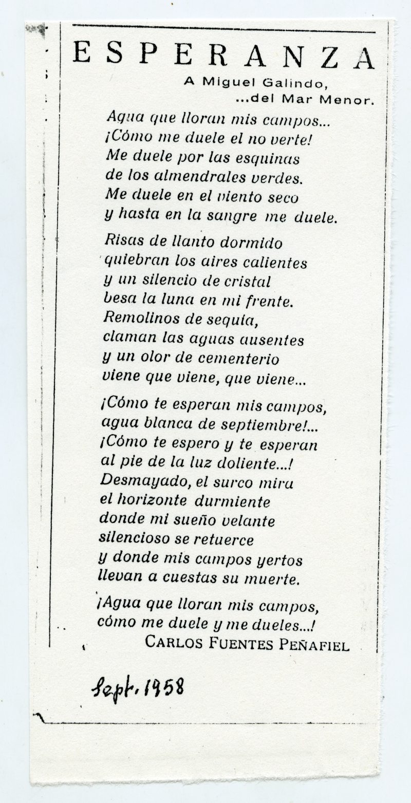 Fotocopia del poema de Carlos Fuentes Peñafiel titulado 