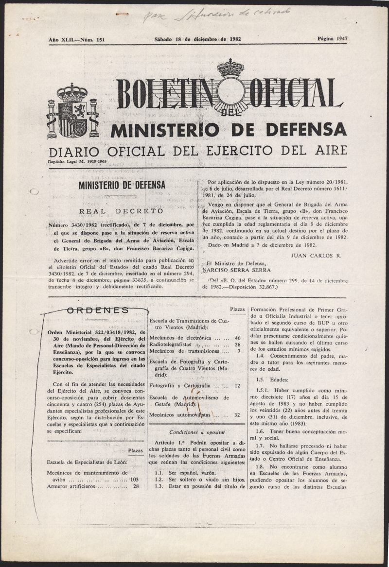 Fotocopia del Boletín Oficial del Ministerio de Defensa donde se publica la Orden Ministerial que dispone el paso a situación de Retirado a Miguel Galindo.