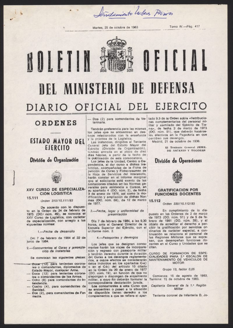 Fotocopia del Boletín Oficial del Ministerio de Defensa donde se publica el señalamiento de haberes pasivos de Miguel Galindo.