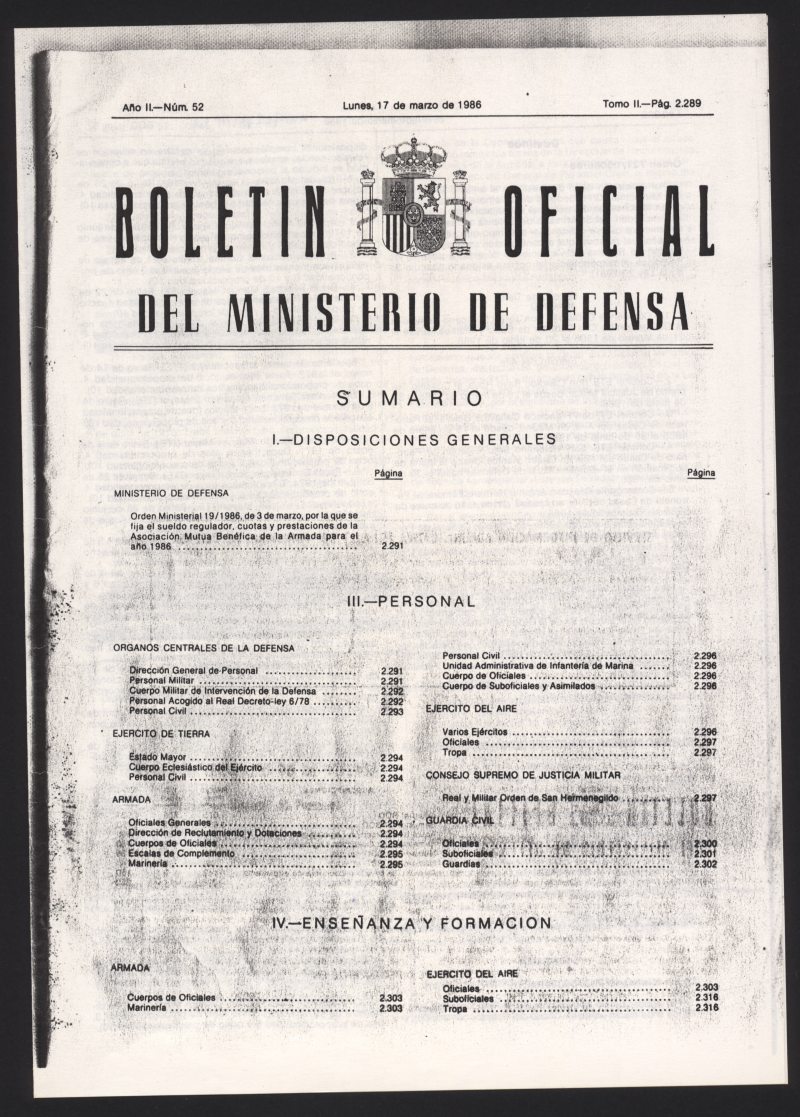 Fotocopia del Boletín Oficial del Ministerio de Defensa donde se publica el señalamiento de haberes pasivos de Miguel Galindo reconocido como Capitán.
