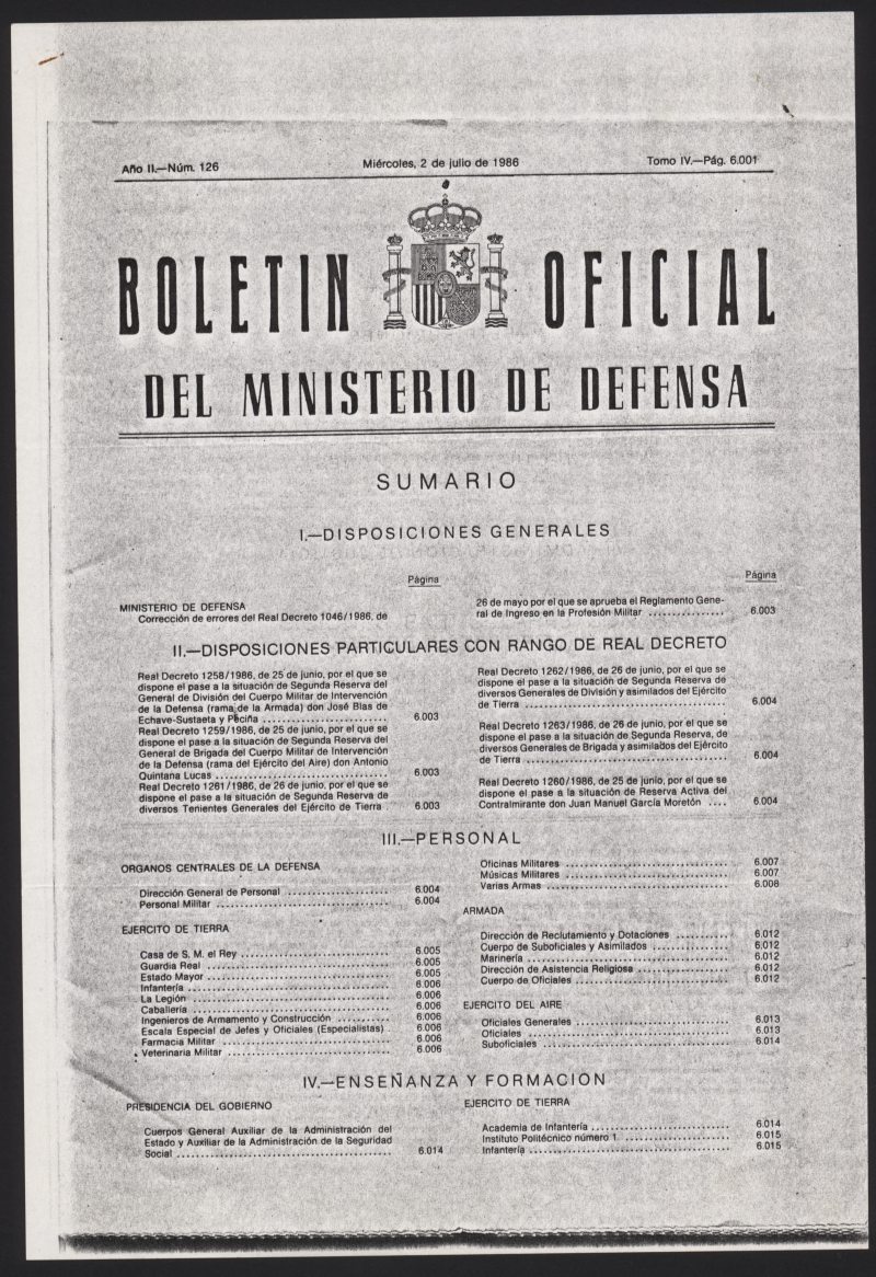 Fotocopia del Boletín Oficial del Ministerio de Defensa donde se publica el señalamiento de haberes pasivos del capitán Miguel Galindo.