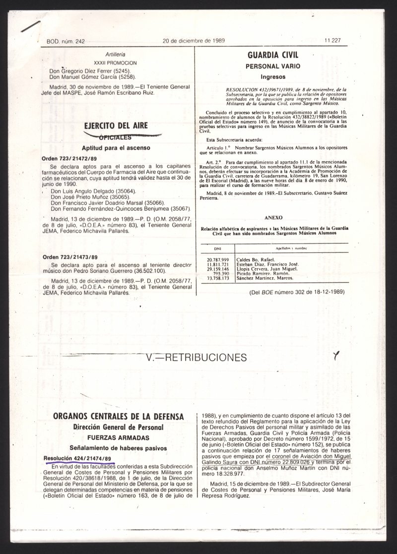 Fotocopia del Boletín Oficial del Ministerio de Defensa donde se publica el señalamiento de haberes pasivos del coronel Miguel Galindo.