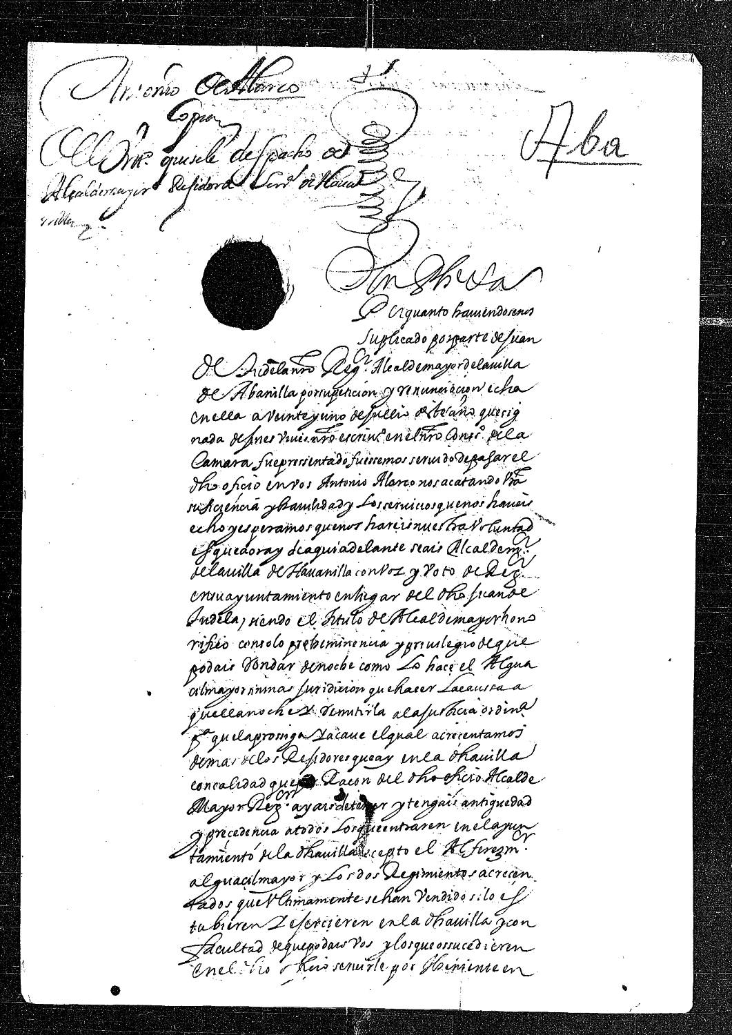 Carta real concediendo a Antonio Alarco el título de alcalde mayor de la villa de Abanilla  por la renuncia  de su anterior poseedor Juan de Tudela.
