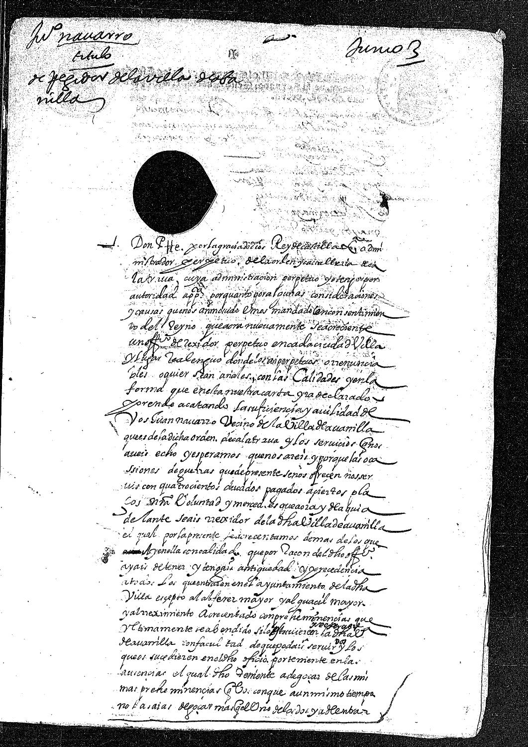 Carta real concediendo a Juan Navarro, vecino de Abanilla, el título de regidor de ésta villa y por el que pagó 400 ducados.