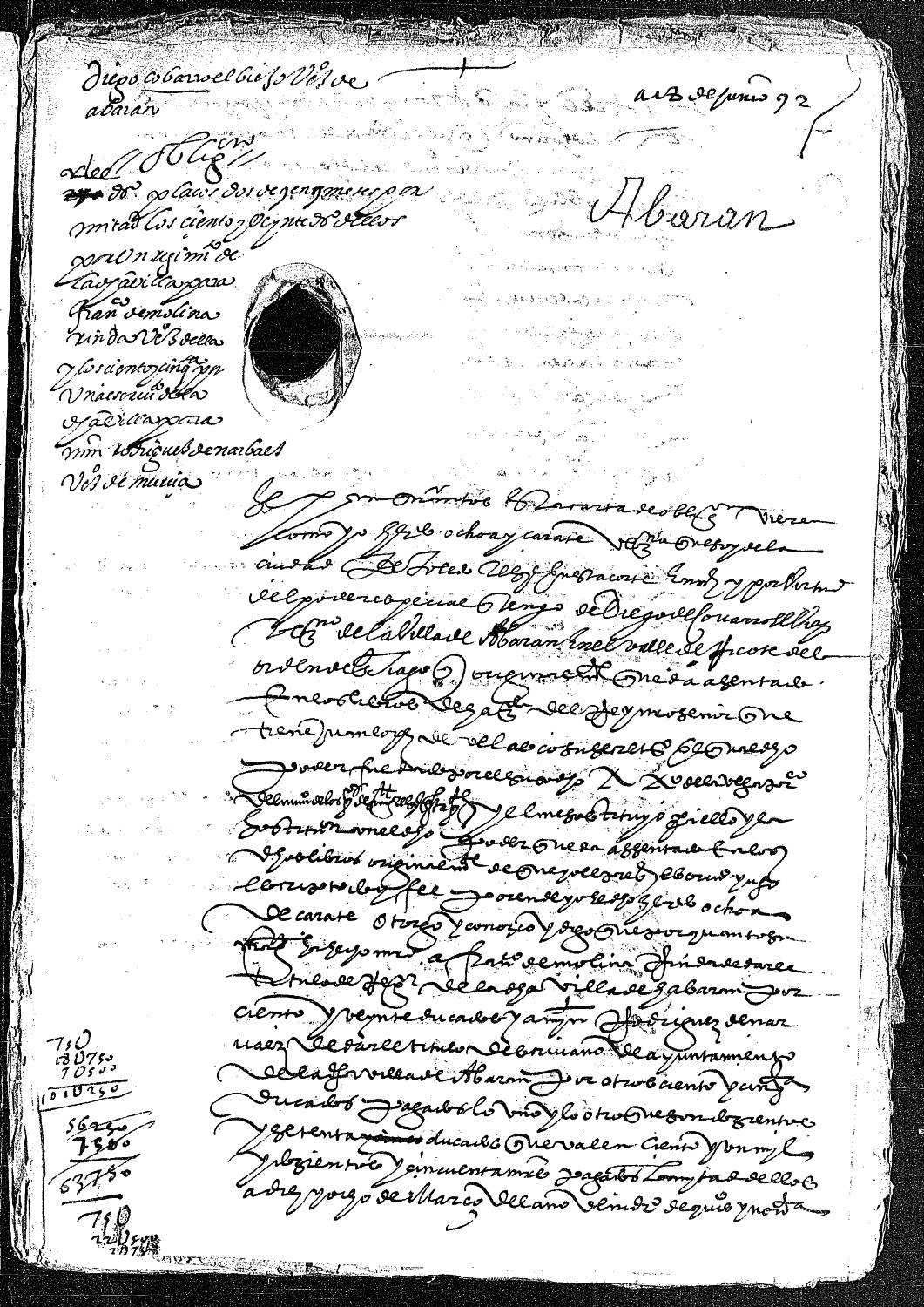 Carta de obligación de Diego Cobarro el Viejo para pagar 270 ducados como deudor que era de los oficios de regidor y escribano del ayuntamiento de Abarán, concedidos a Francisco de Molina y Martín Rodríguez  de Narváez.
