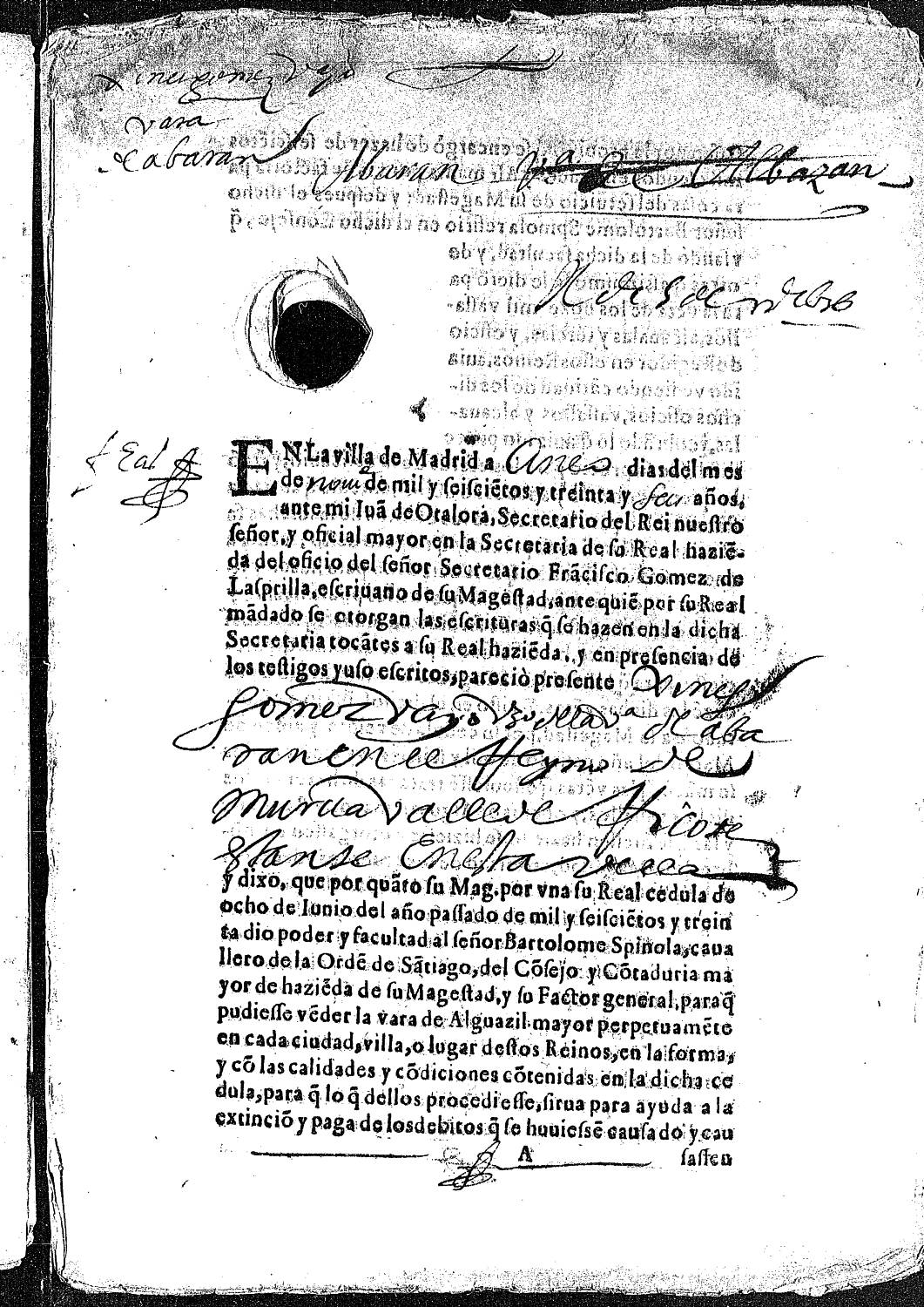 Escritura de venta del título de alguacil mayor de la villa de Abarán a Ginés Gómez Bayo por 6.000 reales.