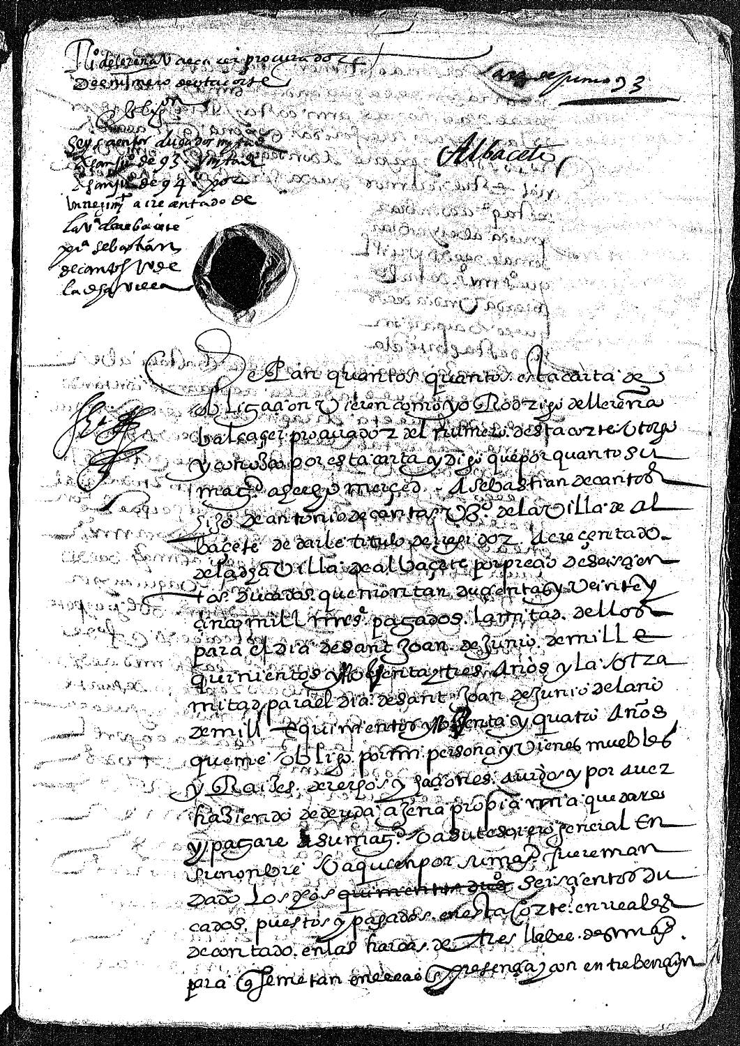 Carta de obligación de Rodrigo de Lerena Valcálcer, procurador en la Corte, para pagar 600 ducados por un título de regidor de la villa de Albacete concedido a Sebastián de Cantos, vecino de esta villa.
