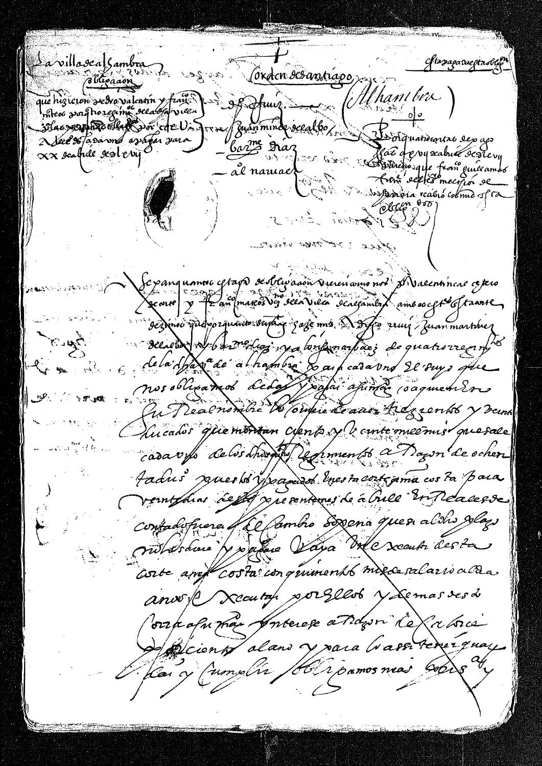 Carta de obligación de Pedro Valentín, calcetero de Corte, y Francisco Mateos, vecino de Alhambra, para pagar 320 ducados por cuatro regimientos de la villa de Alhambra.
