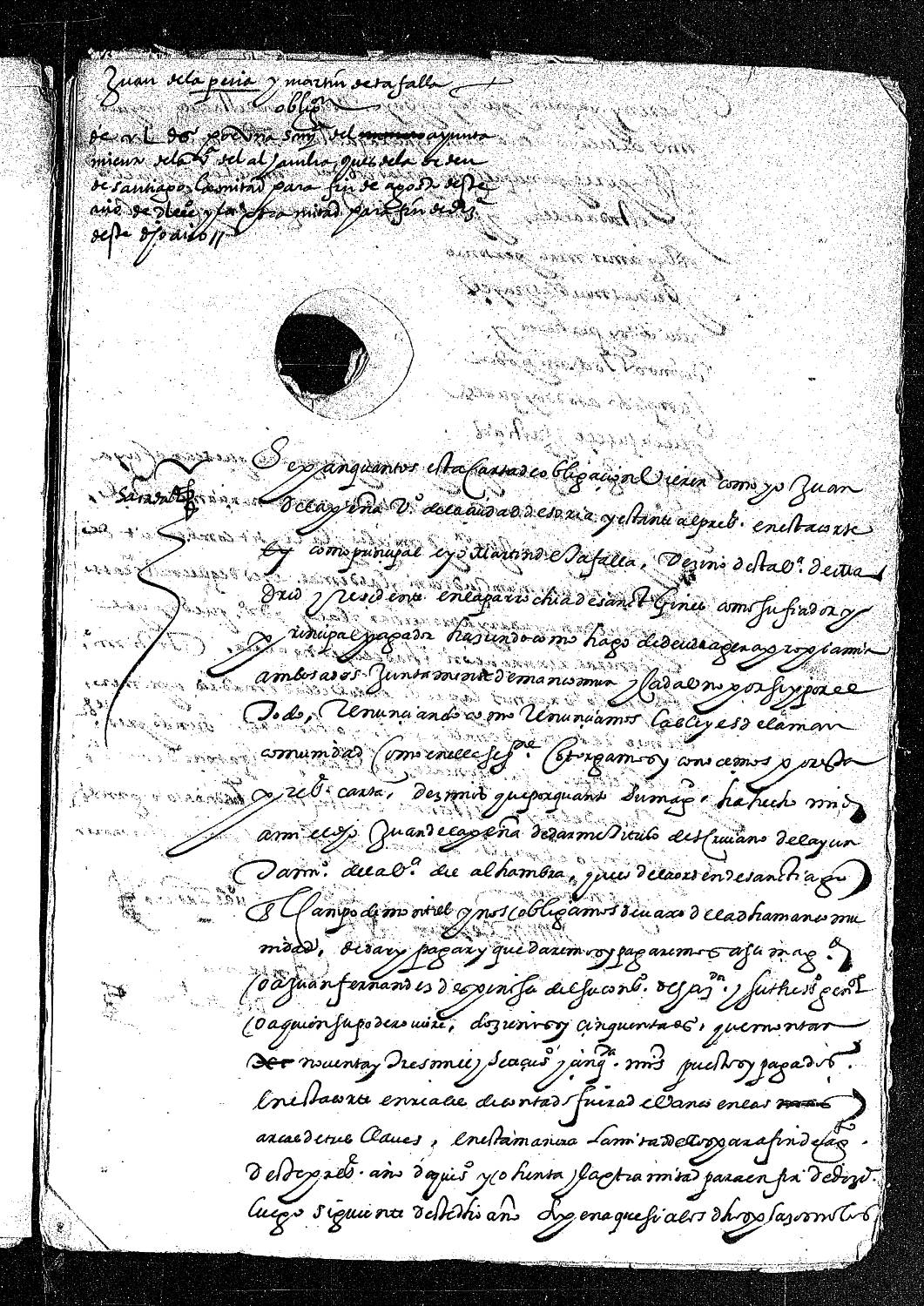 Carta de obligación de Juan de la Peña, vecino de Soria y deudor,  y Martín de Tafalla, vecino de Madrid y su fiador, para pagar 250 ducados por el oficio de escribano del Concejo de Alhambra.