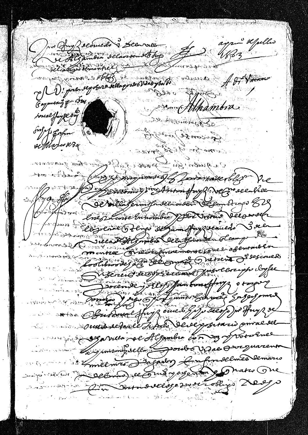 Carta de obligación de Antón Ruiz, vecino de Villahermosa, en nombre de Juan Ruiz de Oviedo, vecino de Alhambra, para pagar 40.000 maravedís por el título de depositario general de Alhambra.