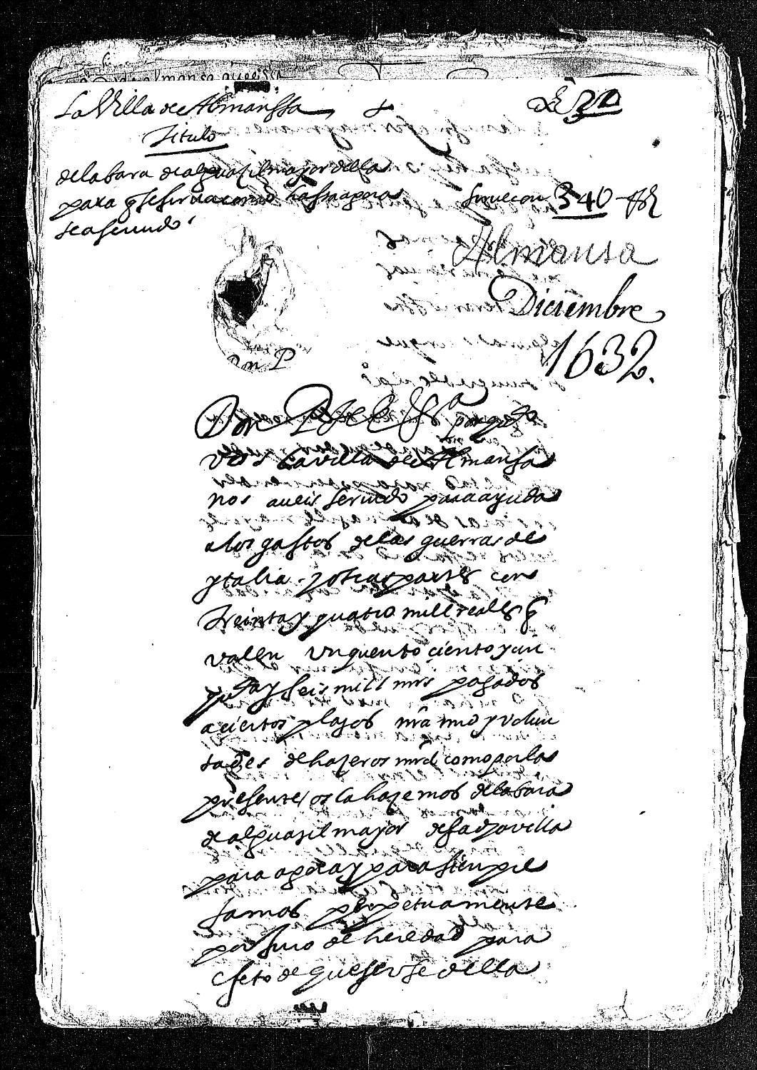 Carta real concediendo el título de alguacil mayor a la villa de Almansa por 34.000 reales.