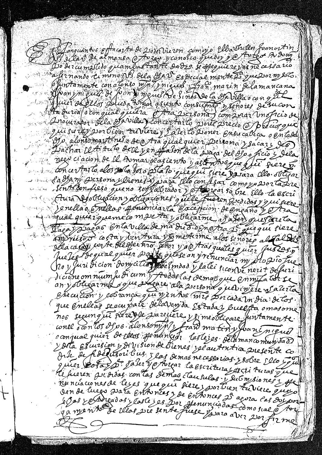 Carta de poder de Juan Ortín, bachiller y vecino de Almansa, dada a Fernando Gimeno para comprar en la Corte un oficio de procurador de Almansa.