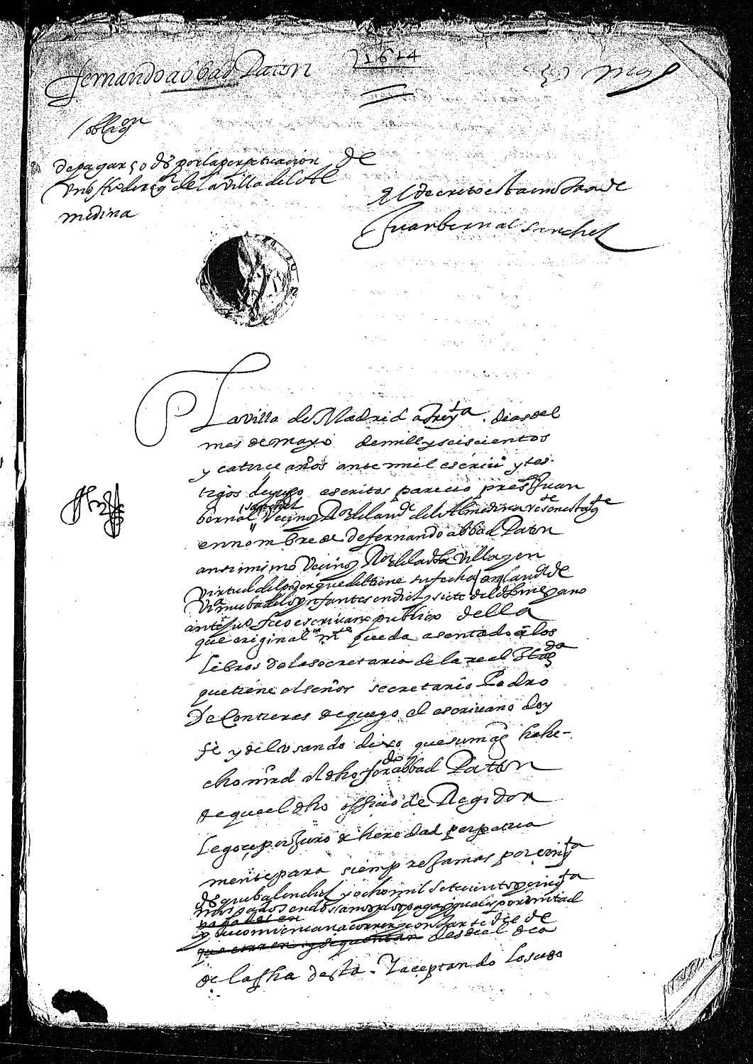 Acta notarial dando fe de la obligación de Juan Bernal, en nombre de Fernando Abad Paton, ambos vecinos y regidores de Almedina, para pagar 50 ducados por la perpetuación de su oficio.