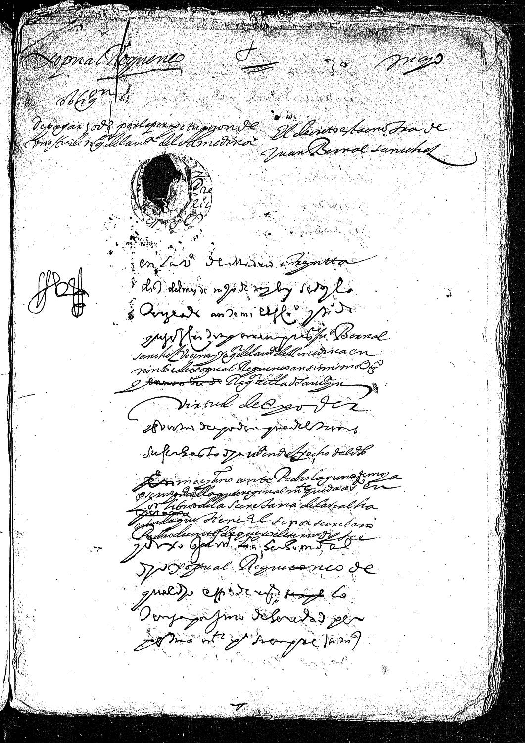 Acta notarial dando fe de la obligación de Juan Bernal Sánchez, en nombre de Cristóbal Recuenco, vecino y regidor de Almedina, para pagar 50 ducados por la perpetuación de su oficio.