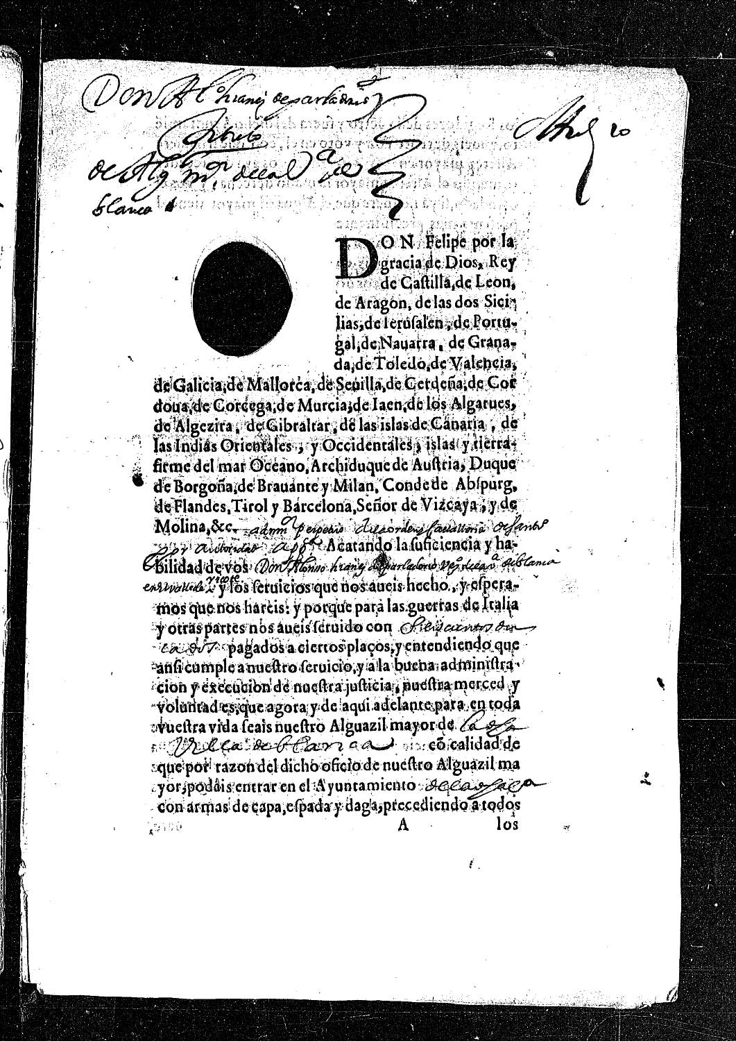 Carta real concediendo el título de alguacil mayor de la villa de Blanca a Alonso Yáñez de Parladorio por 600 ducados.