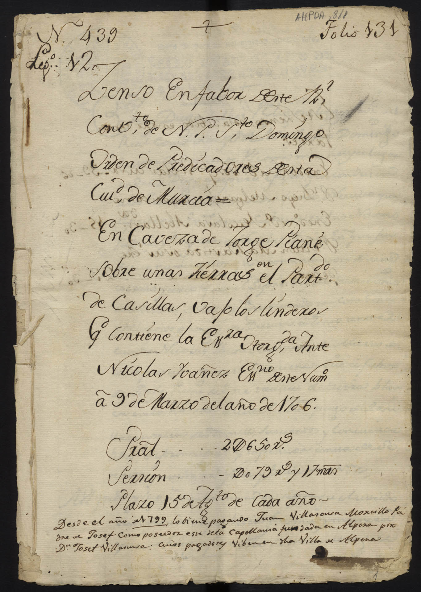 Traslado auténtico de la escritura de censo a favor del Convento de Santo Domingo el Real de Murcia impuesta sobre doce tahúllas de tierra en el partido de Casillas en cabeza de Jorge de Piane el 9 de marzo de 1706.