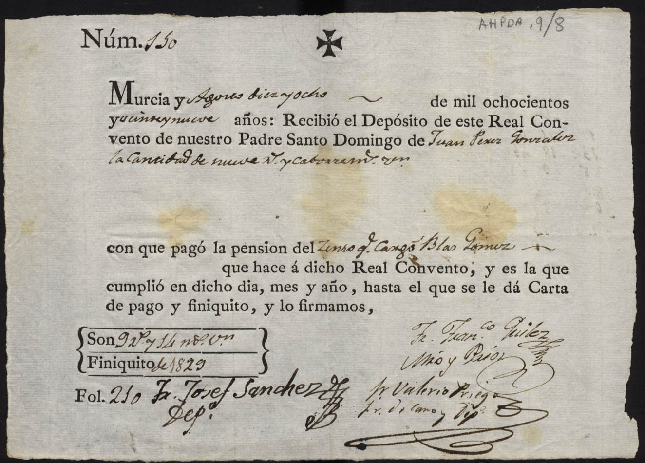 Recibo de pago de 9 reales y 14 maravedíes, en concepto de la pensión de censo que cargó Blas Gómez, efectuado por Juan Pérez González.