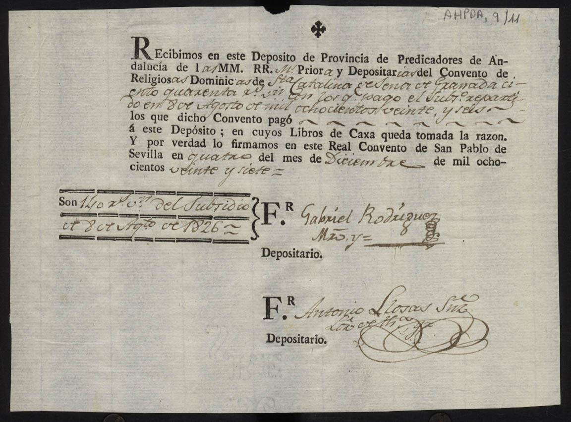 Recibo de pago de 140 reales, en concepto del subsidio de 8 de agosto de 1826, efectuado por la priora y depositarias del Convento de Santa Catalina de Sena de Granada.