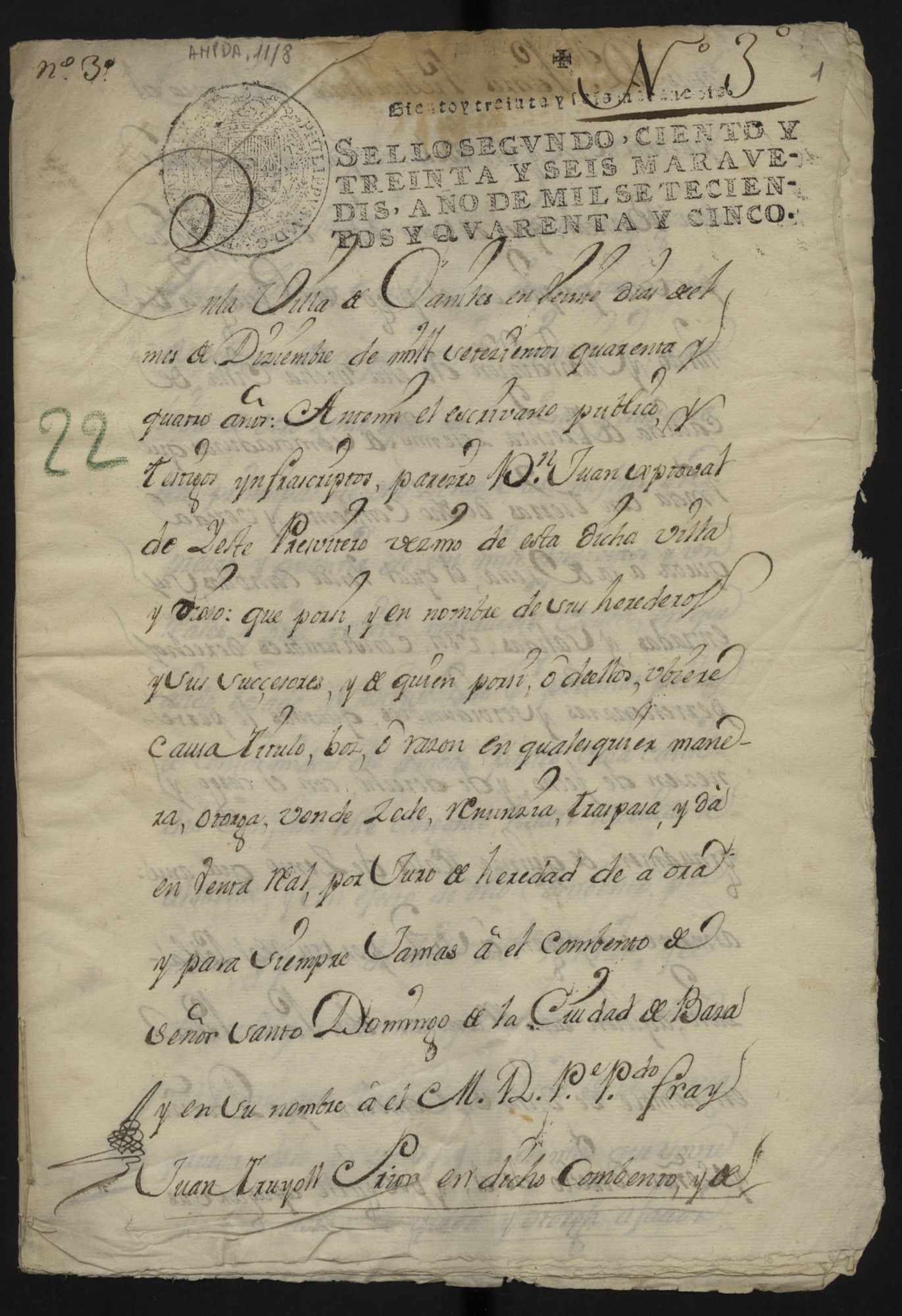 Traslado auténtico de la escritura de venta  de Juan Cristóbal de Yeste, presbítero y vecino de Baza, a favor del Convento de Santa Bárbara de un bancal en el pago de Guaguix.