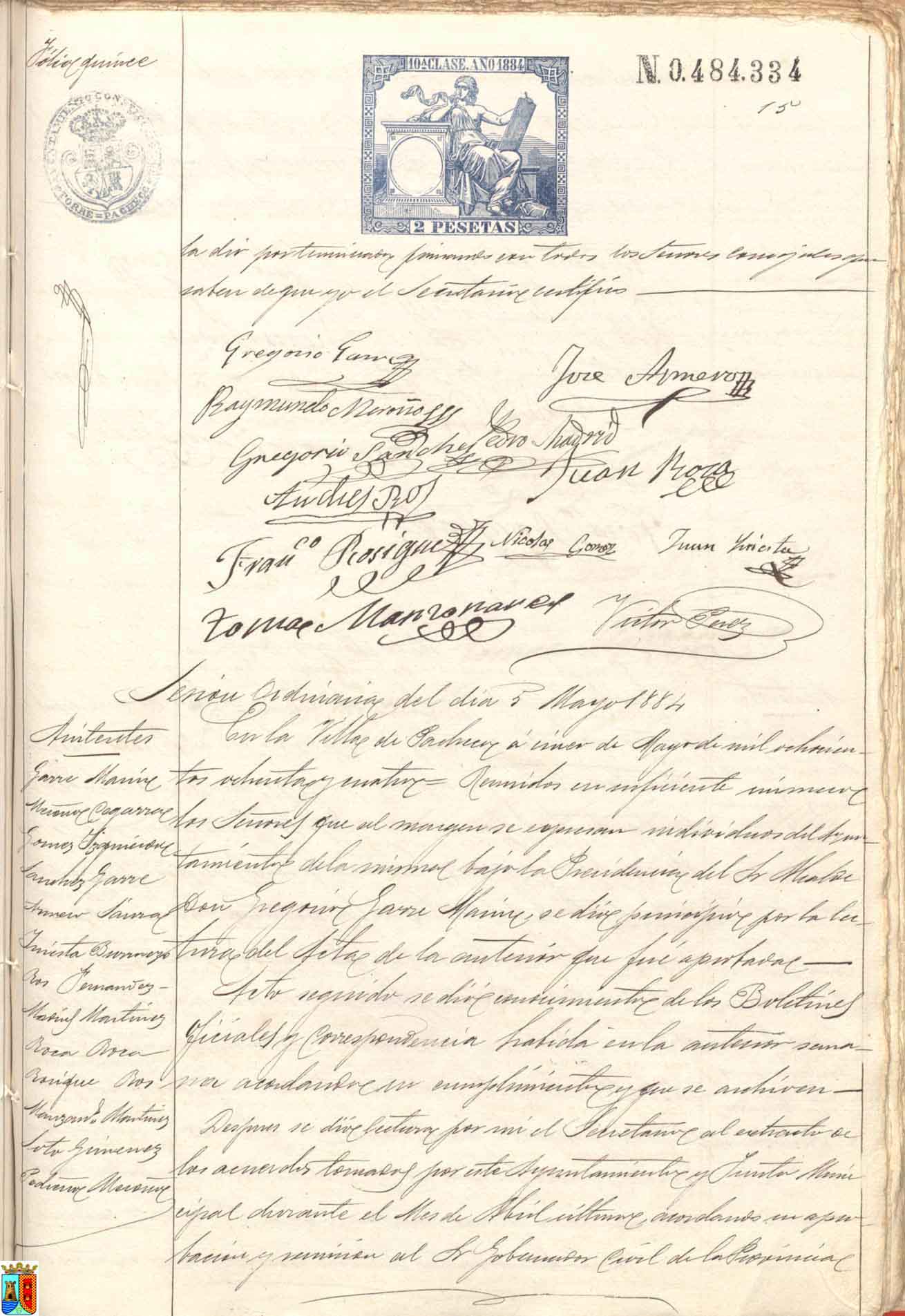 Actas de sesiones del pleno del Ayuntamiento de Torre Pacheco. Año 1884