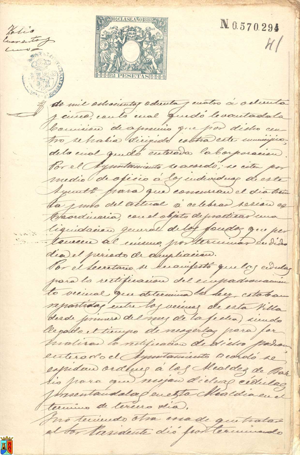 Actas de sesiones del pleno del Ayuntamiento de Torre Pacheco. Año 1885