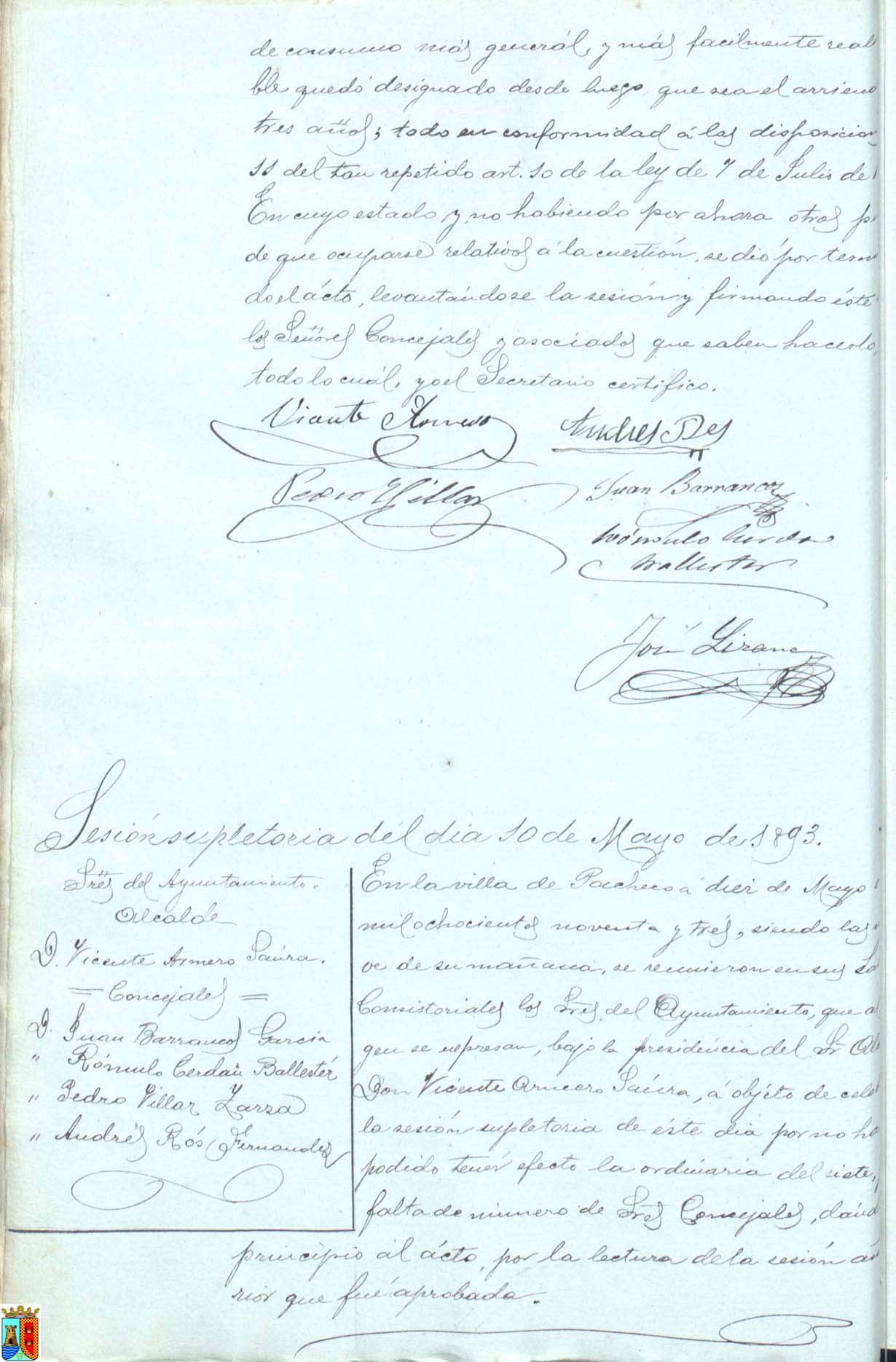 Actas de sesiones del pleno del Ayuntamiento de Torre Pacheco. Año 1893