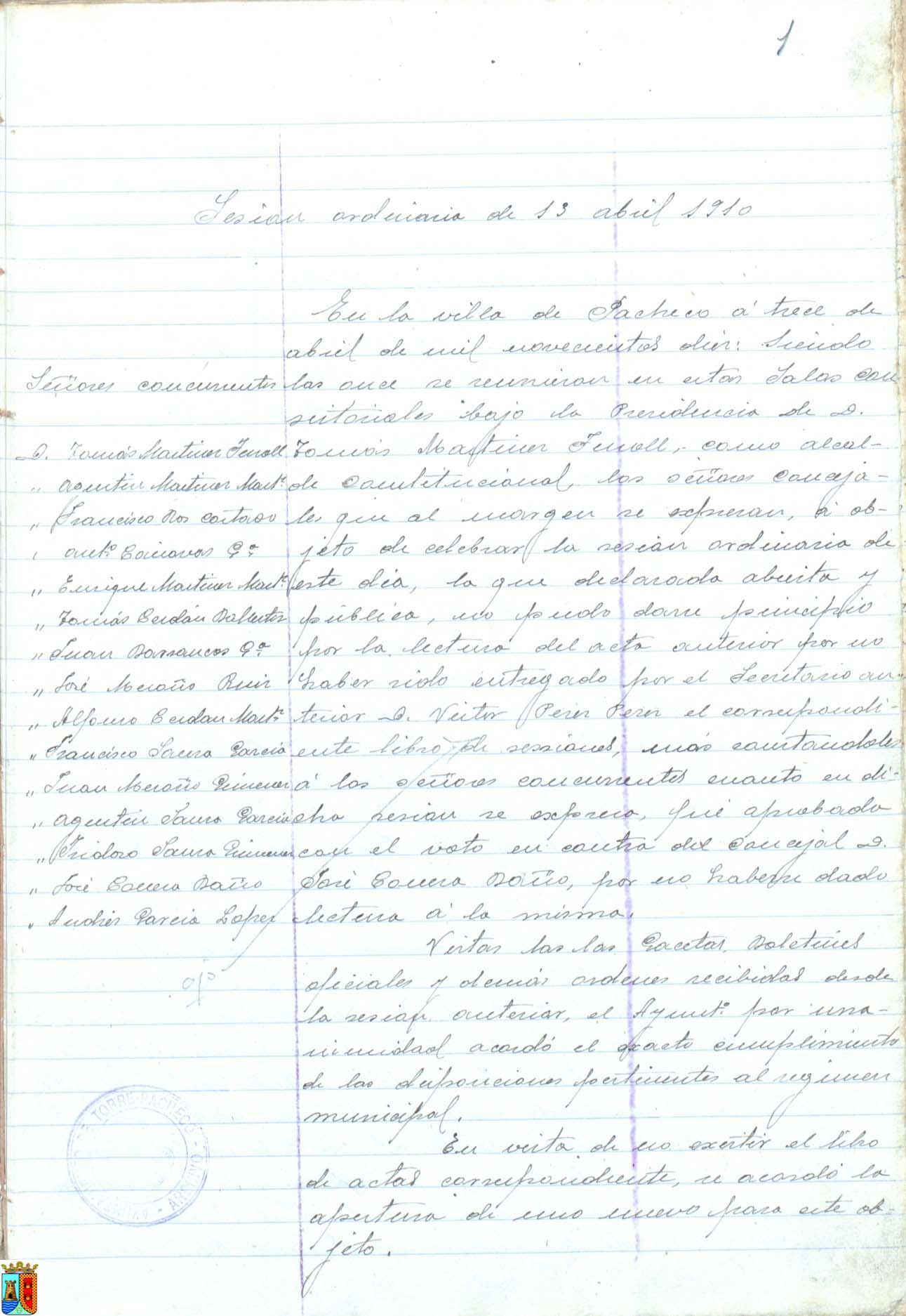 Actas de sesiones del pleno del Ayuntamiento de Torre Pacheco. Año 1910