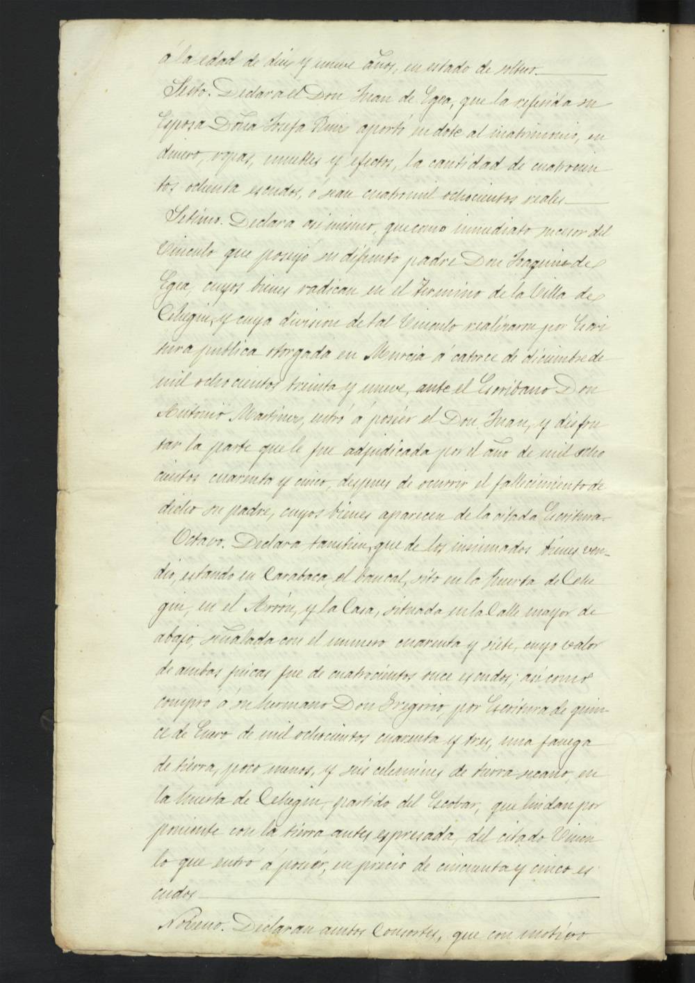 Inventario y partición de bienes de Juan de Egea y Buenafé entre Josefa Ruiz Prádez, su viuda, y Juana de Egea y Ruiz, su hija.