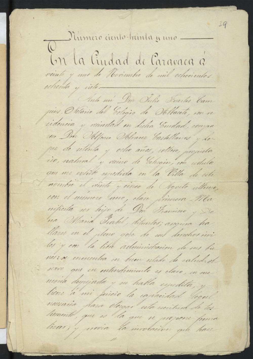 Testamento de Alfonso Álvarez-Castellanos López, vecino de Cehegín, ante Julio Fuentes (Copia simple).