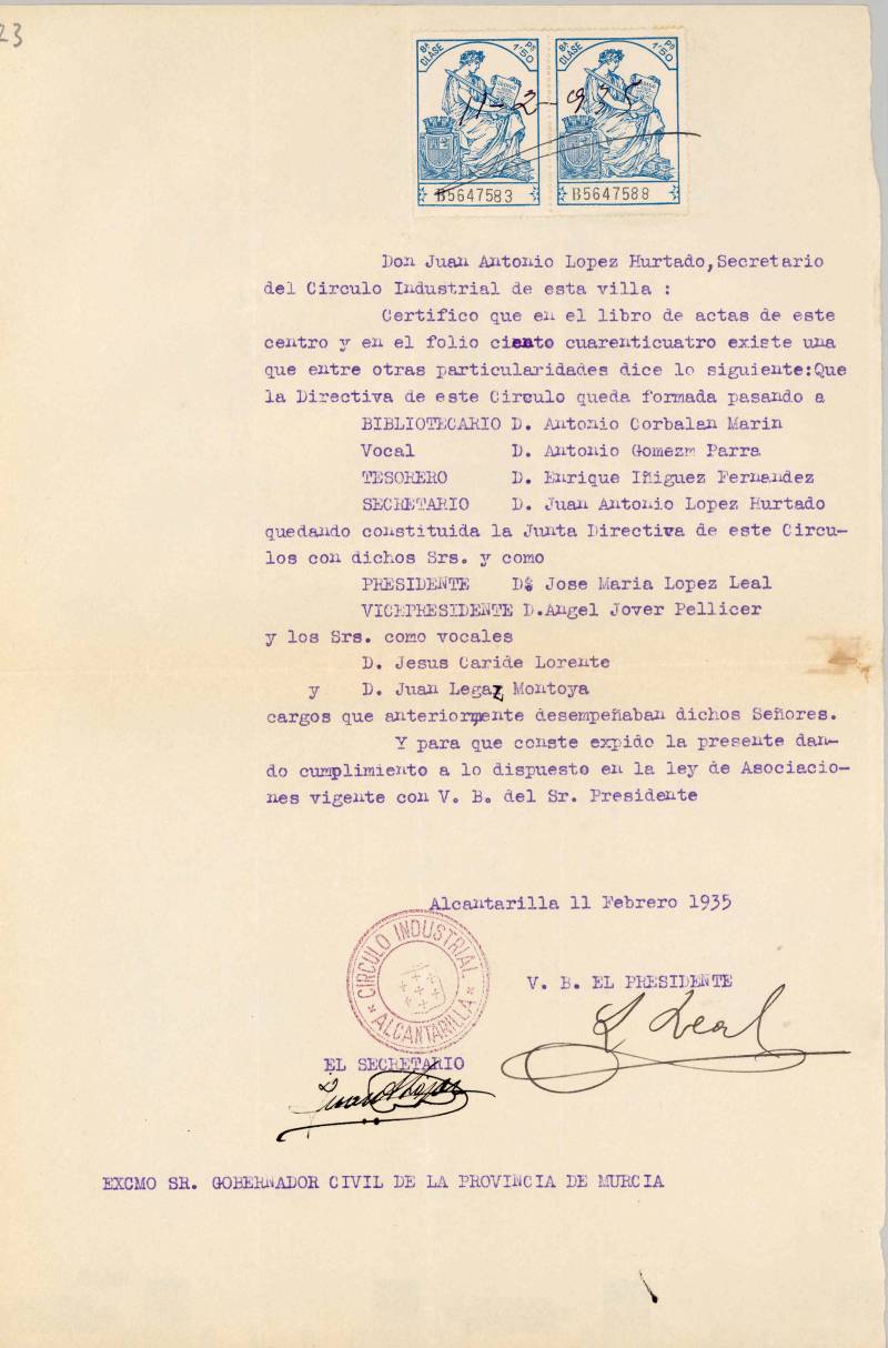 Expediente del Gobierno Civil de Murcia del Círculo Industrial de Alcantarilla. Años 1910-1936.