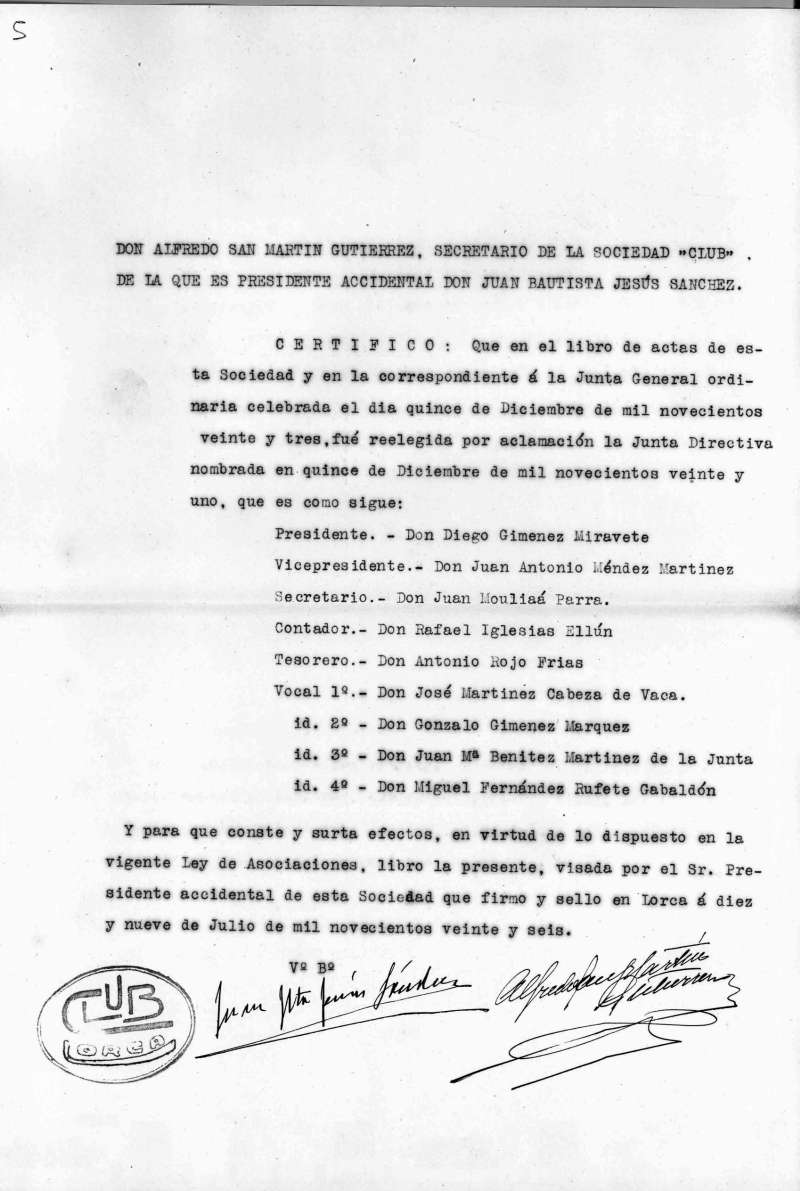 Expediente del Gobierno Civil de Murcia de la asociación Club de Lorca. Años 1913-1933.