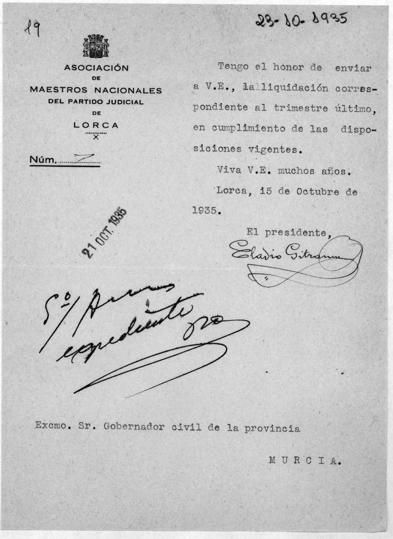 Expediente del Gobierno Civil de Murcia de la Asociación del Magisterio Nacional de los partidos de Lorca y Totana. Años 1916-1936.