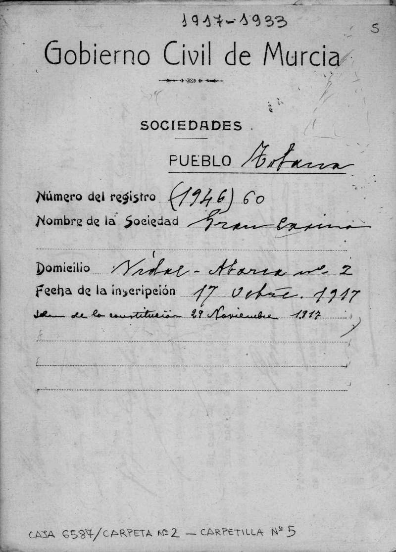 Expediente del Gobierno Civil de Murcia del Gran Casino de Totana. Años 1917-1933.