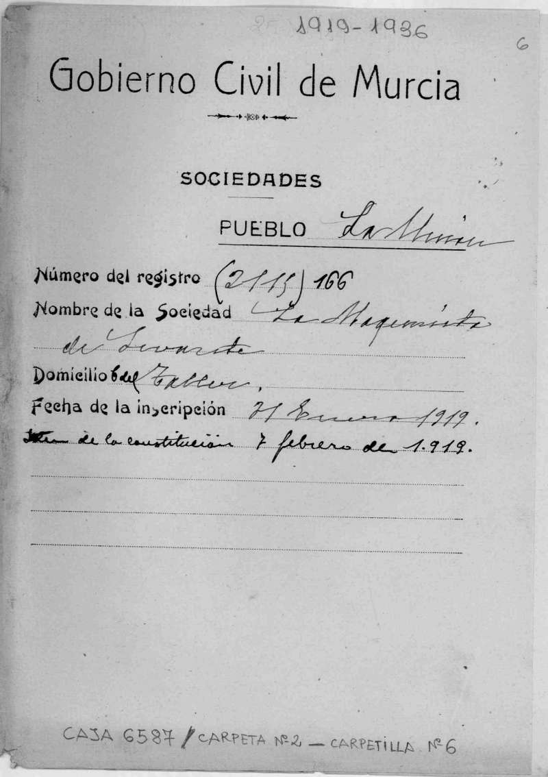 Expediente del Gobierno Civil de Murcia de la Sociedad de Socorros Mutuos La Maquinista de Levante de La Unión. Años 1919-1936.