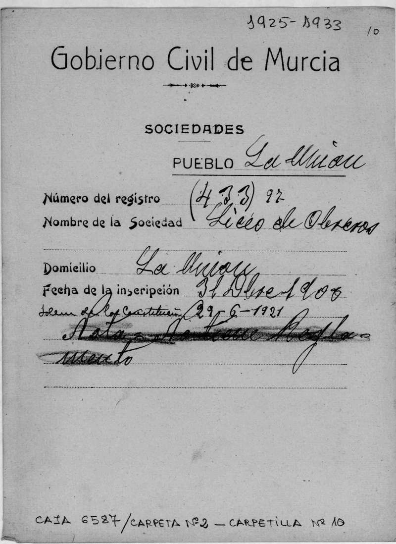Expediente del Gobierno Civil de Murcia del Liceo de Obreros de La Unión. Años 1921-1933.
