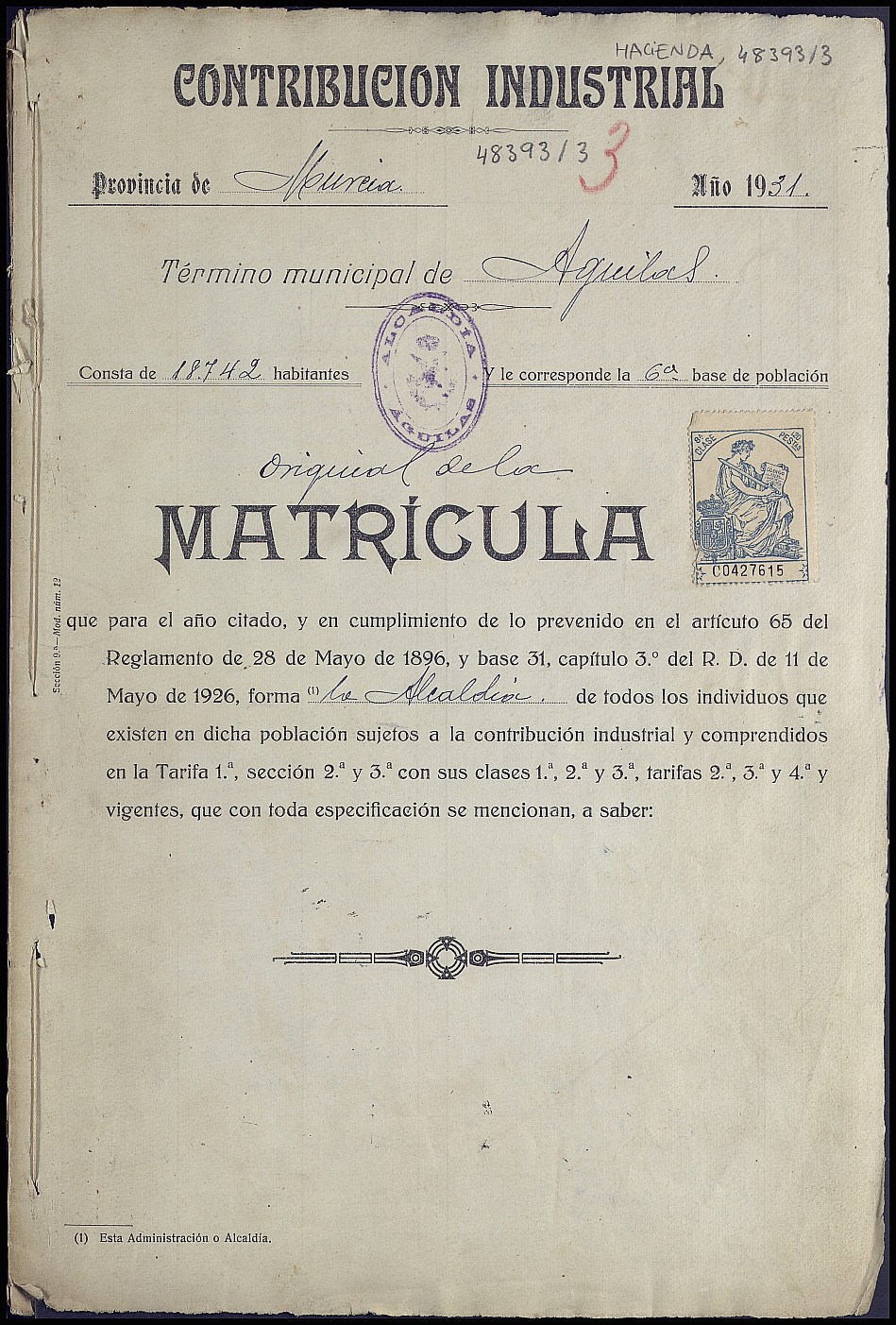 Matrícula de la contribución industrial de Águilas. Año 1931.